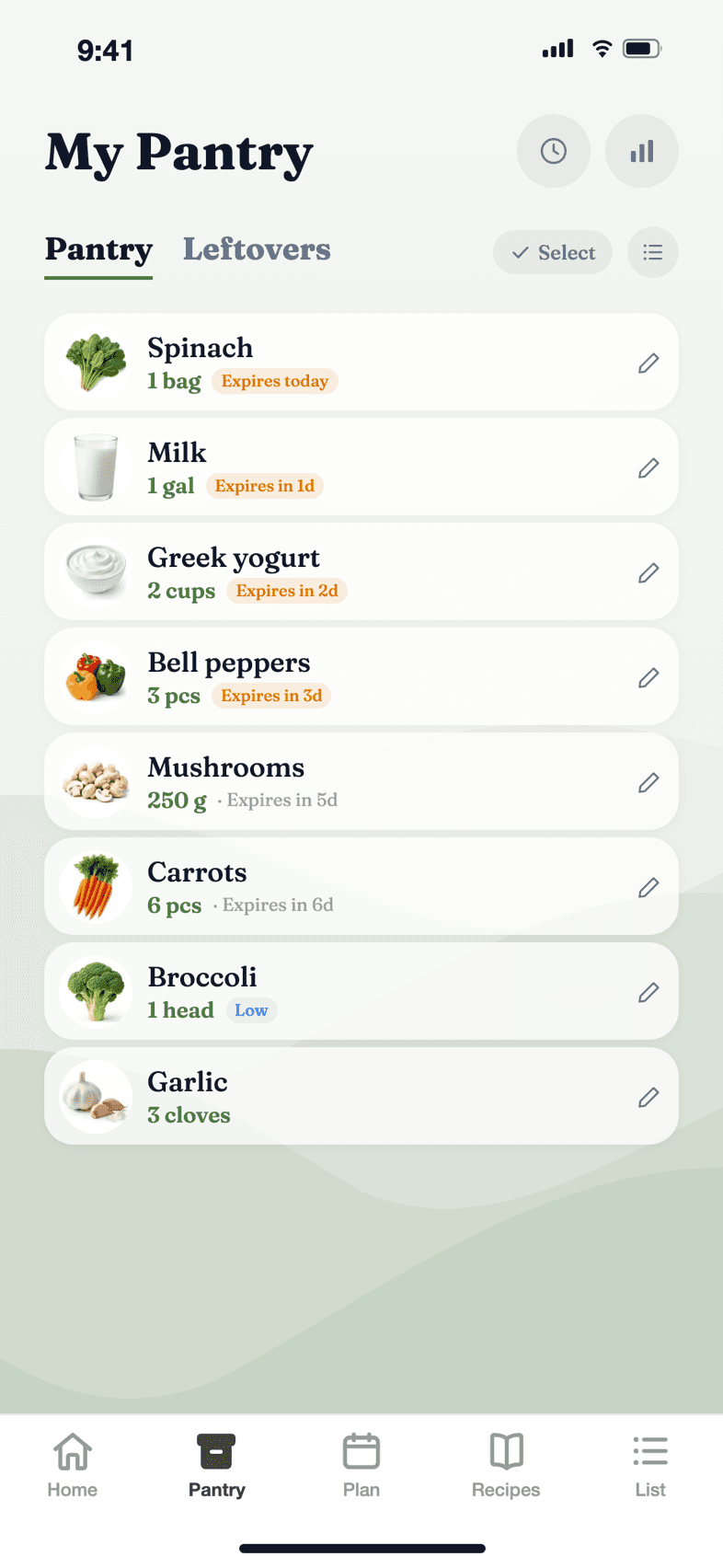 Bhansa pantry list with quantities, expiring soon badges, and low stock flags