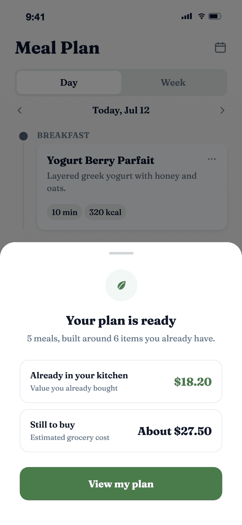 Bhansa meal plan receipt showing the value already in your kitchen and the estimated cost still to buy