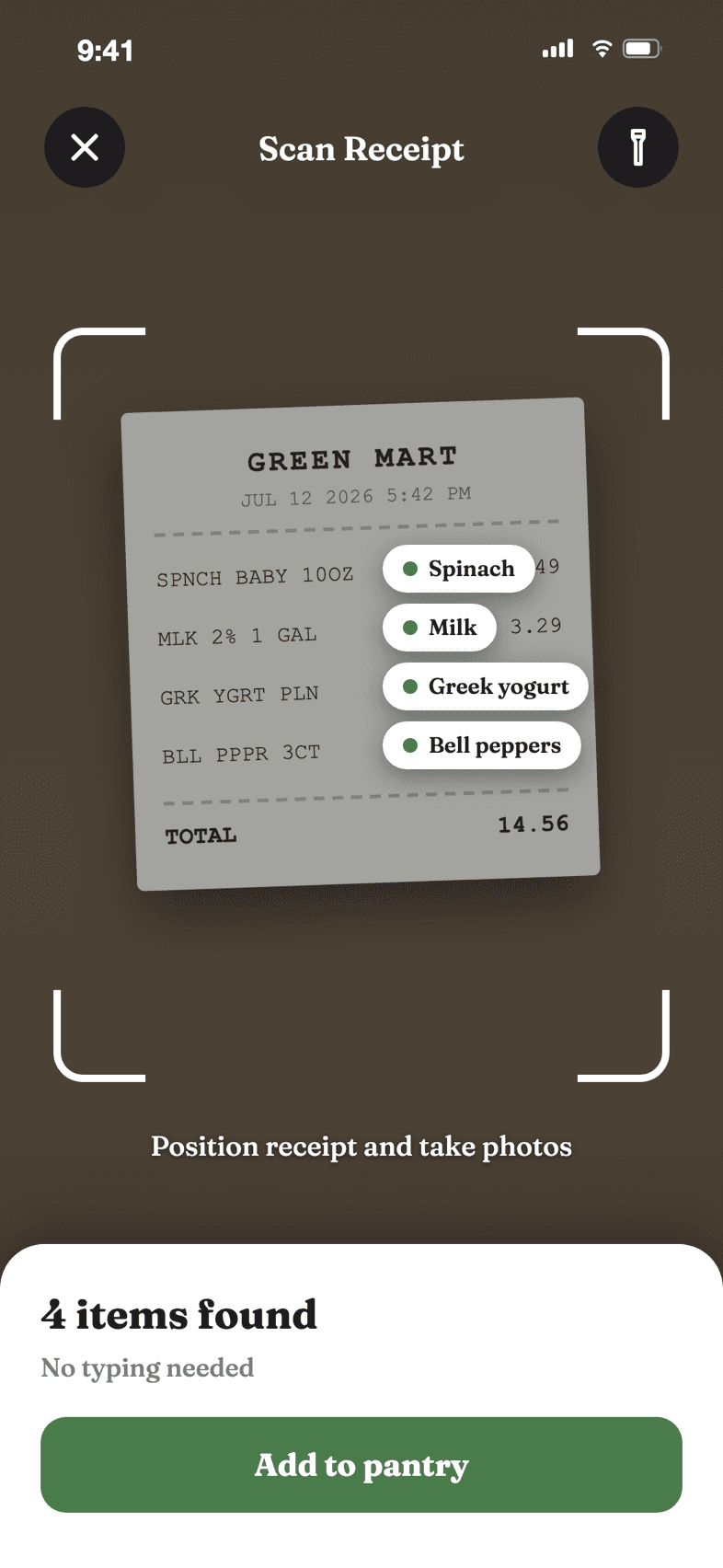 Bhansa receipt scanner reading register lines and turning them into named pantry items